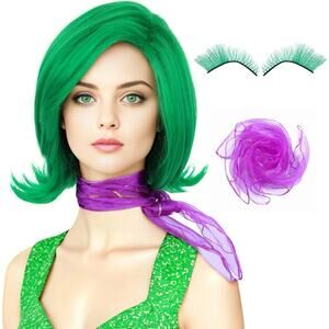 Adult Green Wig with Purple Scarf Green False Eyelashes  Cosplay St. Patty's Day